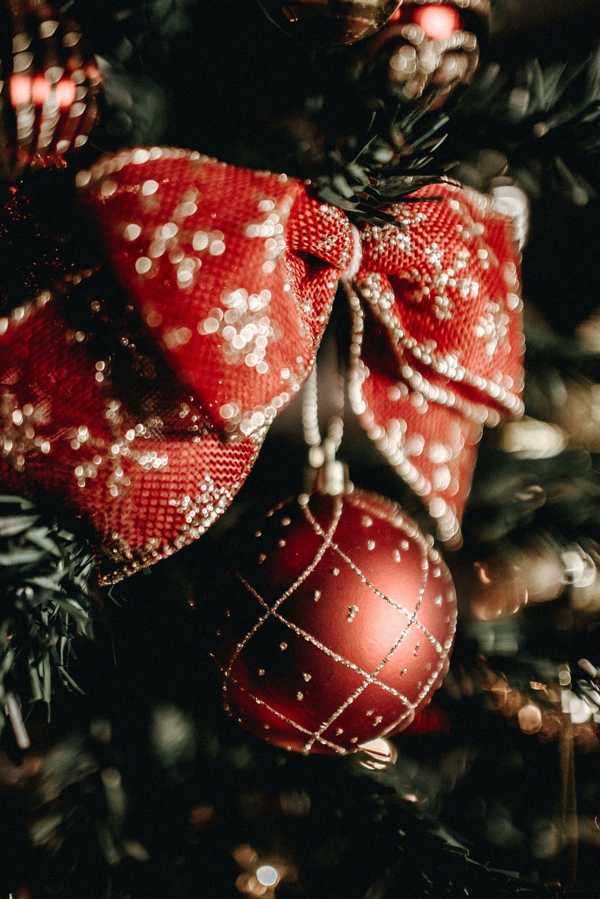 close up photography of a red and gold bow hanging on a christmas tree